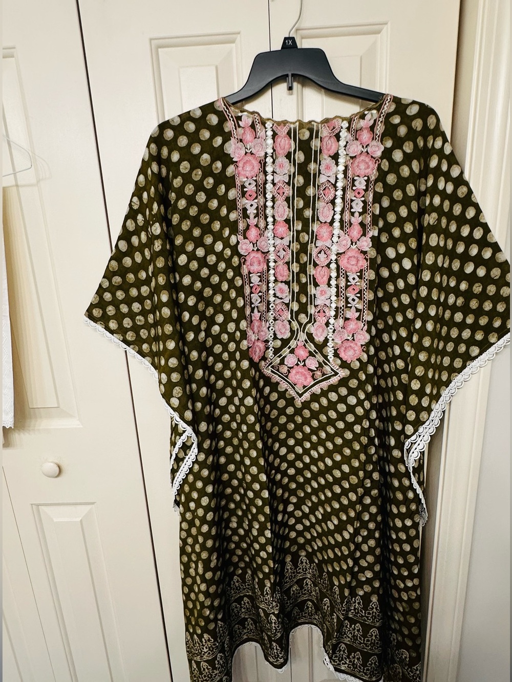 Olive Green Polka Dot Kaftan with Pink Floral Embroidery and white Cotton pants